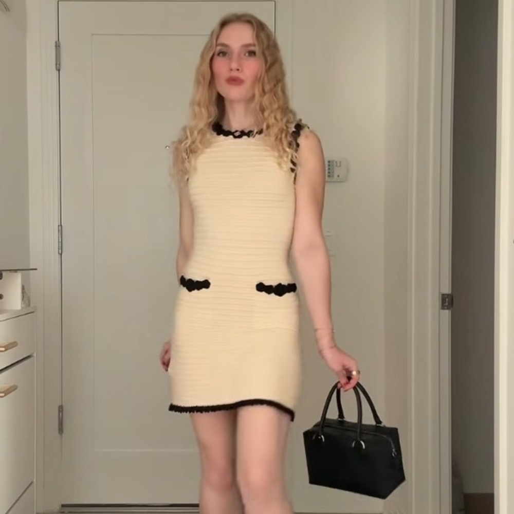 Doen Millicent Pima Cotton Knit Pocket Trim Sleeveless Mini Dress Cream Black - Picture 7 of 13
